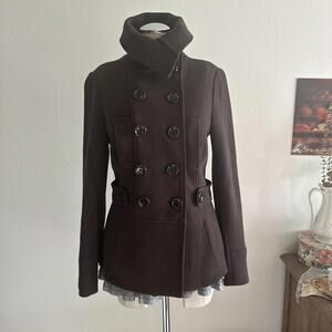 Brown high collar double breasted peacoat